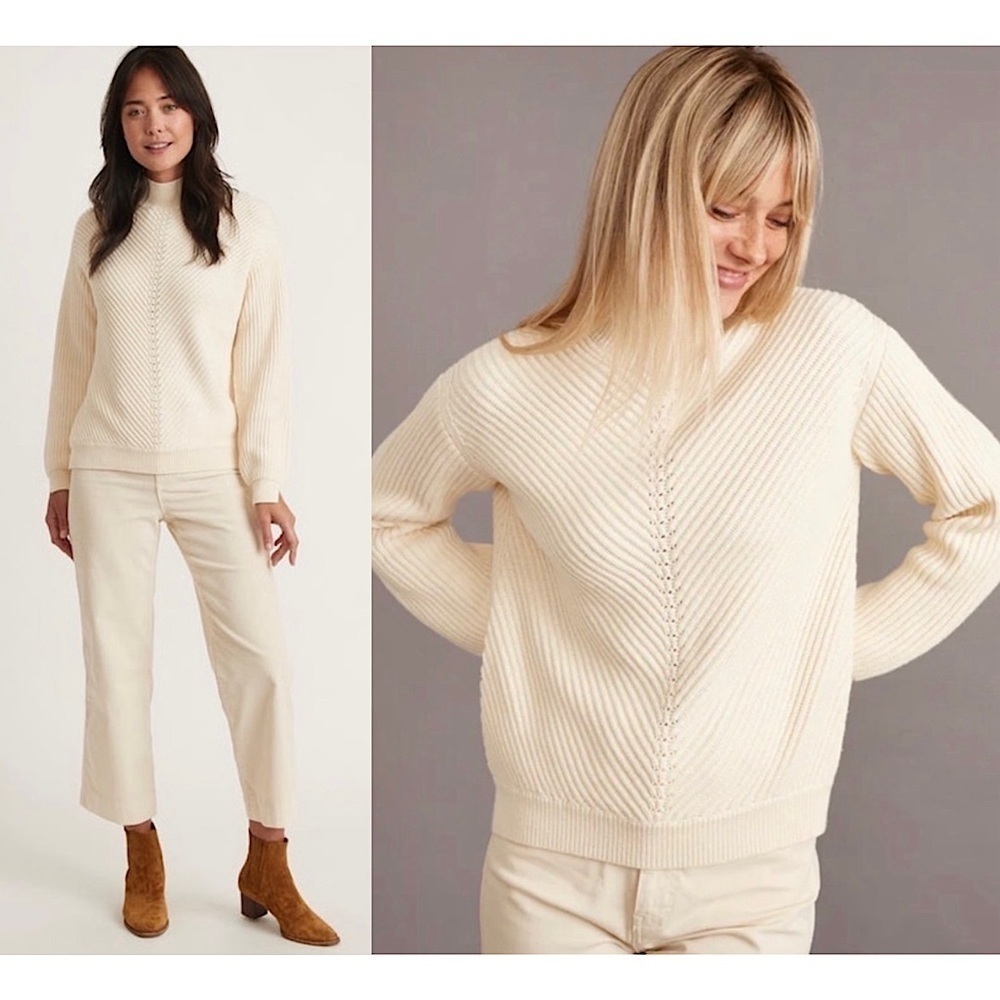 NWT MARINE LAYER Ivory Cotton‎ Merino Wool Chevron Rib Knit Mockneck Sweater S